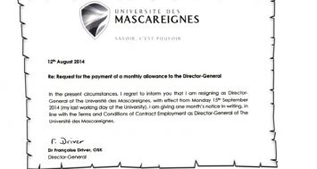 Fac-similé d’extraits de la lettre de démission de Françoise Driver. Celle-ci devait quitter la tête de l’université le 15 septembre.