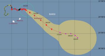 Trajectoire prévue du cyclone Bansi selon Météo France.