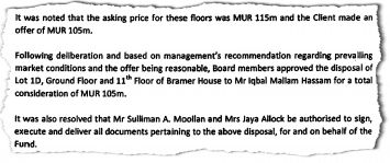 Extrait montrant entre autres que le Bramer Property Fund a décidé de vendre deux de ses espaces bureaux à Iqbal Mallam-Hasham dès septembre 2013 pour Rs 105 millions alors que ceux-ci avaient été évalués à Rs 115 millions.