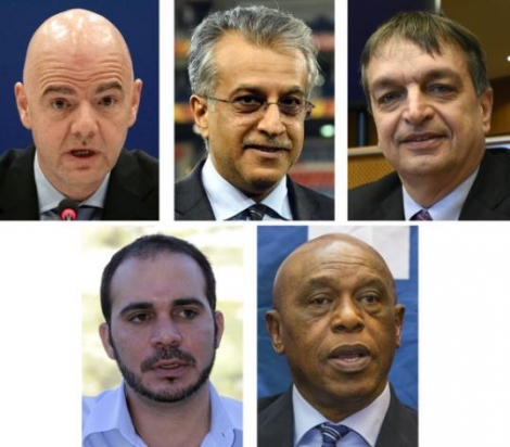AFP/AFP - Les 5 candidats à la présidence de la Fifa (g à d) Gianni Infantino, Cheikh Salman, Jérôme Champagne, Prince Ali et Tokyo Sexwale
