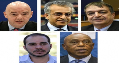 Les 5 candidats à la présidence de la Fifa (g à d) Gianni Infantino, Cheikh Salman, Jérôme Champagne, Prince Ali et Tokyo Sexwale