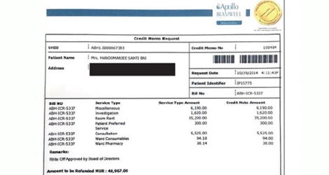 La facture de Maya Hanoomanjee montrant que ses frais d’hospitalisation à Apollo Bramwell, d’un montant de Rs 48 967, ont été rayés.