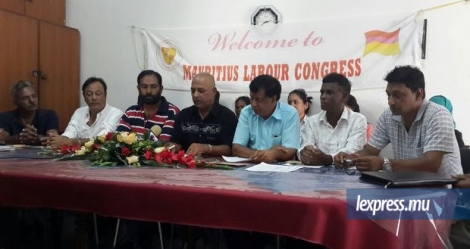 Les membres du Mauritius Labour Congress lors d’un point de presse, mercredi 6 avril.