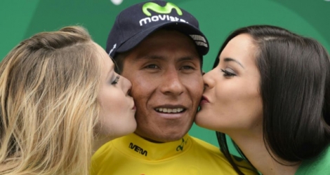 Le Colombien Nairo Quintana (Movistar), avec le maillot jaune de leader du Tour de Romandie, à l'issue de la 2e étape, le 28 avril 2016 à Morgins.