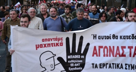 Manifestation à Athènes contre la réforme des retraites le 25 avril 2016.	