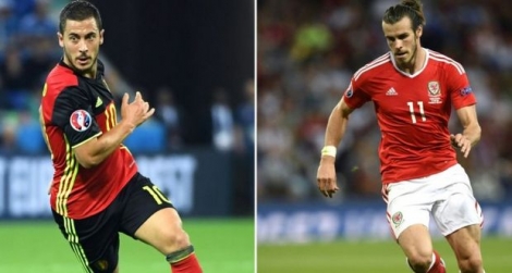 Montage de photos de l'attaquant belge Eden Hazard, le 13 juin 2016 à Lyon, et du footballeur écossais Gareth Bale, le 20 juin 2016 à Toulouse, au cours de l'Euro 2016 qui se déroule en France 