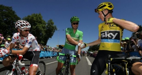 Thomas De Gendt (g), Peter Sagan et Cristopher Froome, avant le départ de la 16e étape du Tour de France, le 17 juillet 2016 à Bourg-en-Bresse
