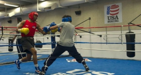 Le boxeur Shakur Stevenson (g), sélectionné olympique américain pour Rio, à l'entraînement, le 25 mai 2016 à Colorado Springs