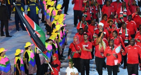 La délégation kényane lors de la cérémonie d'ouverture des jeux Olympiques de Rio, le 5 août 2016 .
