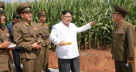 Photo non datée de l'agence officielle Nord coréenne (KCNA) du leader de la Corée du Nord Kim Jong-Un (C) inspectant une ferme de son pays.
