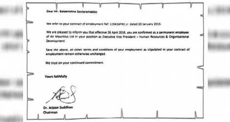 Copie de la lettre signée par le Chairman d’Air Mauritius, Arjoon Suddhoo, confirmant Mike Seetaramadoo en tant qu’EVP Human Resources, le 22 juin 2016.