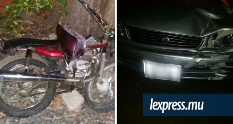 La moto de la victime, Nishal Seewoo, un habitant de Surinam et la voiture impliquée dans cet accident. 