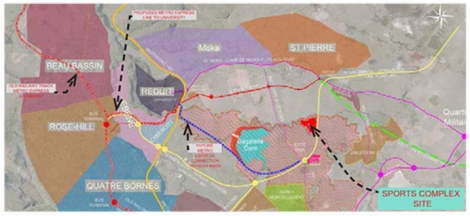 La carte indique le lieu où sera construit le complexe sportif, à Côte-d’Or, dans la circonscription de Pravind Jugnauth.