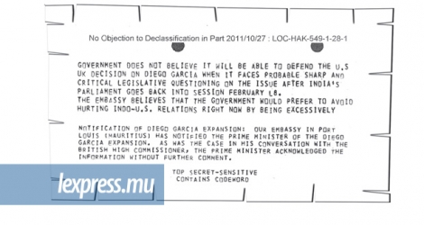 Extrait d’un document datant de 1974, indiquant que SSR avait été avisé d’une extension de Diego Garcia.