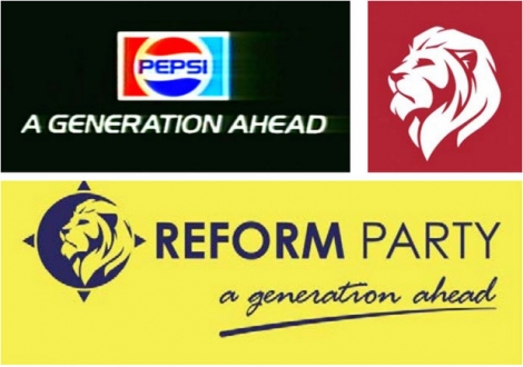 En haut à gauche, le slogan de Pepsi en 1989. A droite, le logo de Patrick Sheehan, pour une école américaine. Au bas, l’identité visuelle du nouveau parti de Bhadain.