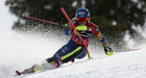 La prodige américaine Mikaela Shiffrin lancée vers sa victoire dans le slalom de Squaw Valley, le 11 mars 2017.
