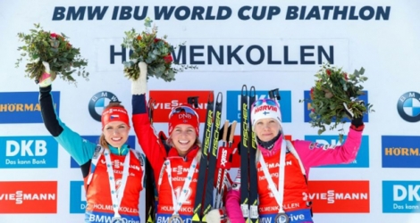 Le podium de la mass start d'Oslo, dernière course de la coupe du monde biathlon dames. 
