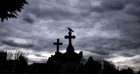 Un oiseau est perché sur la croix d'une tombe du cimetière de Loyasse, à Lyon, le 21 mars 2017
