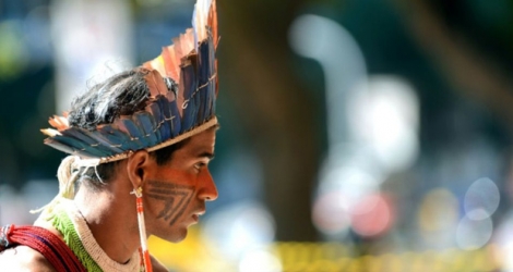 Un Brésilien de la tribu Munduruku lors d'une manifestation devant le siège de la FUNAI à Brasilia, le 11 juin 2013 .