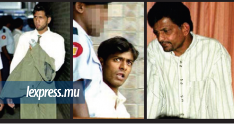 De g. à dr. Muhammad Shafiq Nawoor, Abdool Naseeb Keeramuth, Sheik Imran Sumodhee et Khaleeloudeen Sumodhee. Ils avaient été condamnés à 45 ans de prison dans l’affaire L’Amicale.