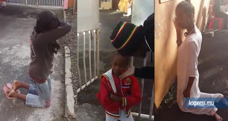 Captures d’écran de la vidéo montrant des enfants mis à genoux devant le portail ou le mur de leur abri.