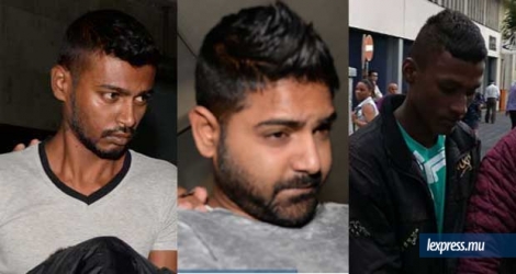 Les trois suspects, (de g. à dr) Kamlesh Mansing, Ravish Fakhoo et Anish Soneea, dans le cas du meurtre de Janice Farman. 
