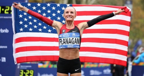 L'Américaine Shalane Flanagan exulte après sa victoire au marathon de New york, le 5 novembre 2017