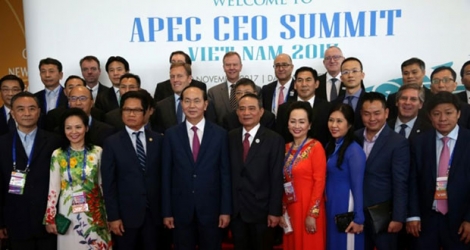 Le président du Vietnam Tran Dai Quang, (4ème à partir de la gauche) aux côtés de leaders économiques avant la tenue ddu sommet de l'Apec, à Danang (centre), le 8 novembre 2017