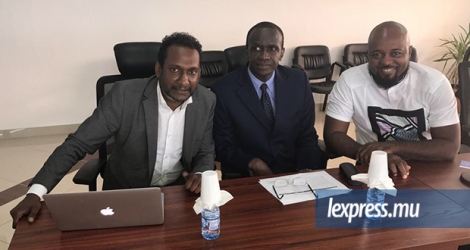 Launch of Label Radio TV in Libreville, Gabon - Nad Sivaramen from La Sentinelle, Mactar Silla, CEO of the Label TV and Radio, et Ike Nnaebue from Nigeria