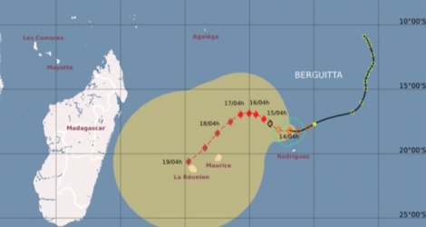 Berguitta était centrée à environ 150 km au nord de Rodrigues, à 7 heures ce dimanche 14 janvier.