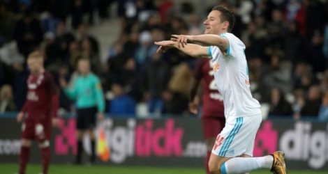 L'attaquant de Marseille Florian Thauvin vient de marquer l'un de ses trois buts contre Metz en championnat, le 2 février 2018 au stade Vélodrome.