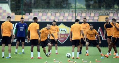 Les joueurs de l'AS Rome à l'entraînement le 1er mai 2018 à Trigoria.