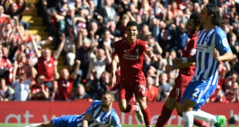 La joie du jeune attaquant de Liverpool Dominic Solanke (c) après auteur du 3e but de son équuipe face à Brighton à Anfield.