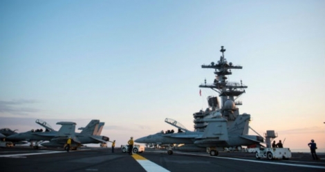 Des avions français sur le porte-avions américain USS Bush au large de la Côte est des Etats-Unis, le 12 mai 2018.