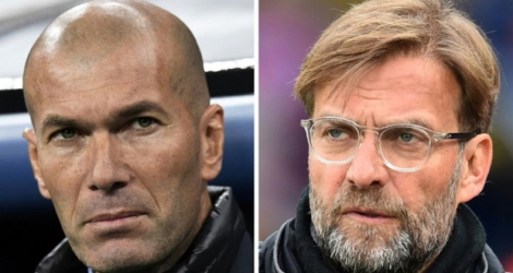 Les entraîneurs du Real Madrid Zinédine Zidane (g) et de Liverpool Jürgen Klopp, le 23 mai 2018 à Paris .