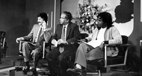 Les dirigeants de l’Alliance MMM-PSM Anerood Jugnauth, Paul Berenger et Harish Boodhoo. Ils avaient appelé à la réconciliation nationale après le scrutin du 11 juin 1982. 