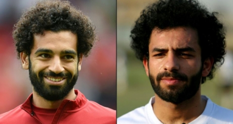 Composition de photos créée le 7 juin 2018 montrant le joueur égyptien de Liverpool Mohamed Salah (G) lors d'un échauffement avant le match entre son équipe et Crystal Palace à Liverpool (nord-ouest de l'Angleterre) le 19 août 2017, et le joueur irakien Hussein Ali (D), qui joue à Al-Zawraa FC et qui lui ressemble, lors d'un entraînement à Bagdad le 3 juin 2018.