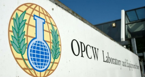 Entrée du siège de l'Organisation pour l'interdiction des armes chimiques, l'OIAC, (Organisation for the prohibition of chemical weapons, OPCW), à La Haye, le 20 avril 2017.