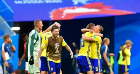 Les Suédois exultent après leur qualification en quarts de finale du Mondial le 3 juillet 2018.