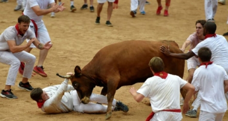 Un participant à l'encierro de la San Fermin à terre est chargé par un taureau, le 7 juillet 2018 à Pampelune, en Espagne.
