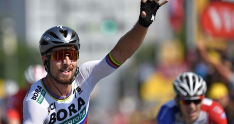 Le coureur de Bora Peter Sagan, vainqueur de la 2e étape du Tour de France à La Roche-sur-Yon, le 8 juillet 2018.