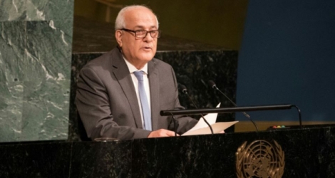L'ambassadeur palestinien auprès des Nations unies Riyad Mansour, à la tribune de l'ONU, le 13 juin 2018 à New York 