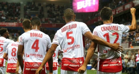 Les joueurs de Reims vainqueurs de Lyon en ouverture de la 2e journée de L1 le 17 août 2018 