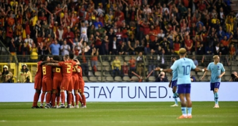 La joie des Belges après l'ouverture du score face aux Pays-Bas par Dries Mertens, en amical à Bruxelles, le 16 octobre 2018.