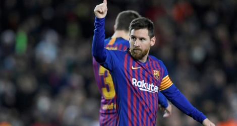 Lionel Messi auteur du 2e but du Barça, son 400e sous le maillot des Blaugrana, lors d'un match de Liga contre Eibar au Camp Nou, le 13 janvier 2019.