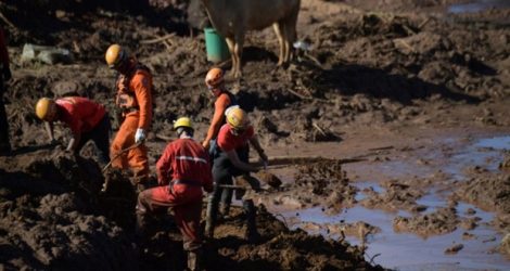 Des secouristes cherchent des victimes dans la coulée de boue près de Brumadinho, dans le sud-est du Brésil, le 28 janvier 2019.