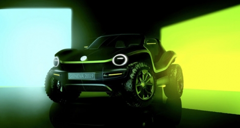 La nouvelle version électrique du dune buggy que Volkswagen présentera officiellement le 5 mars au salon de Genève.