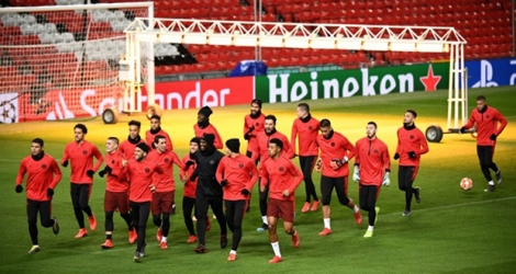 Séance d'entraînement pour les Parisiens sur la pelouse d'Old Trafford, le 11 février 2019 à la veille d'affronter Manchester United.