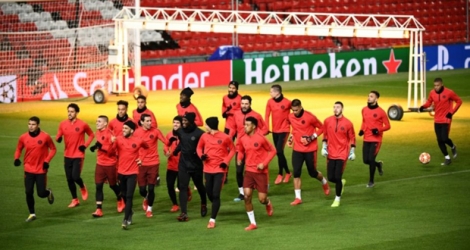 Séance d'entraînement pour les Parisiens sur la pelouse d'Old Trafford, le 11 février 2019 à la veille d'affronter Manchester United.