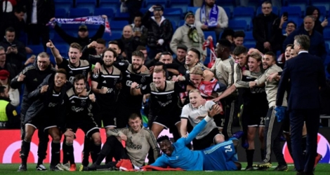 Les joueurs de l'Ajax qualifiés pour les quarts de finale de la Ligue des champions après la victoire sur le Real Madrid 4-1 le 5 mars 2019.